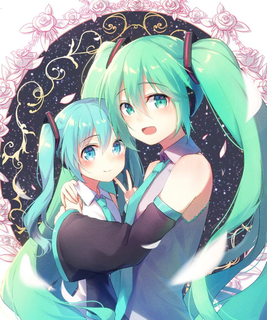 2girls absurdres alexmaster aqua_eyes aqua_hair blush detached_sleeves dual_persona green_eyes green_hair hatsune_miku headphones highres hug long_hair looking_at_viewer multiple_girls necktie open_mouth smile twintails v very_long_hair vocaloid younger