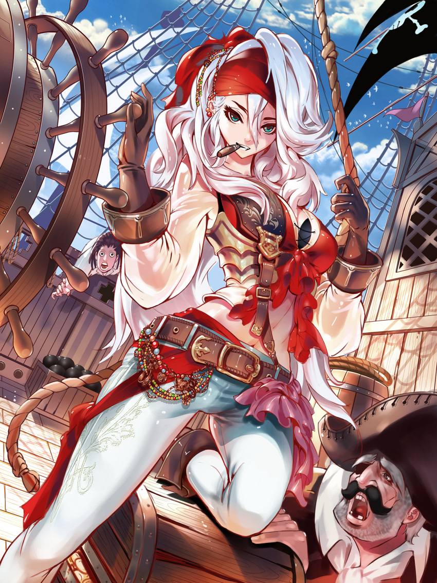 1girl 2boys aqua_eyes bandana barrel belt cigar dutch_angle facial_hair furyou_michi_~gang_road~ gloves hair_between_eyes hat highres jewelry long_hair looking_at_viewer mama_smurf multiple_boys mustache one_knee open_mouth pirate pirate_hat pirate_ship ring rope ship solo_focus steering_wheel tagme teeth treasure_chest white_hair