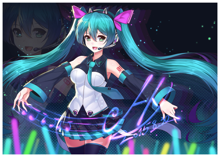 1girl blue_hair detached_sleeves glowstick green_eyes hatsune_miku headphones headset highres huang_xie necktie skirt smile solo star tattoo thigh-highs vocaloid zoom_layer