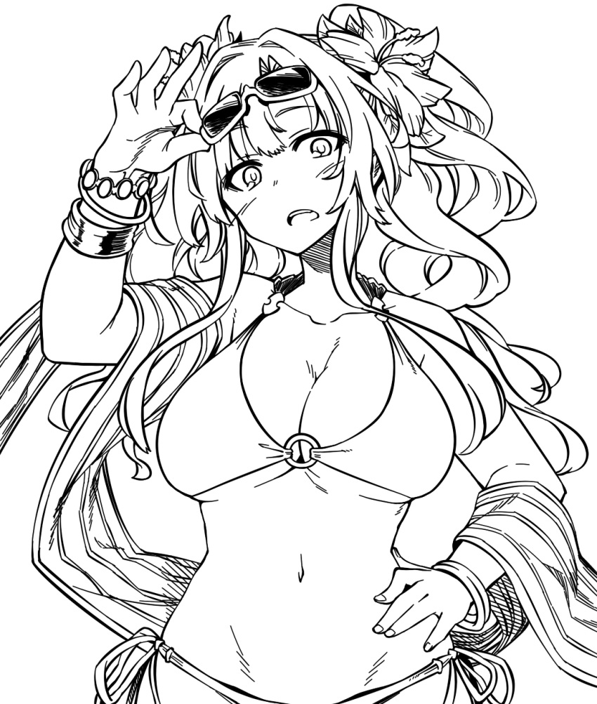 1girl adjusting_sunglasses bangs bikini bracelet breasts chankodining_waka cleavage collarbone fingernails flower granblue_fantasy groin hair_flower hair_intakes hair_ornament hand_on_hip hibiscus highres jewelry large_breasts lineart long_hair looking_at_viewer monochrome navel o-ring_bikini o-ring_top side-tie_bikini solo sunglasses sunglasses_on_head swimsuit twintails under_boob zeta_(granblue_fantasy)
