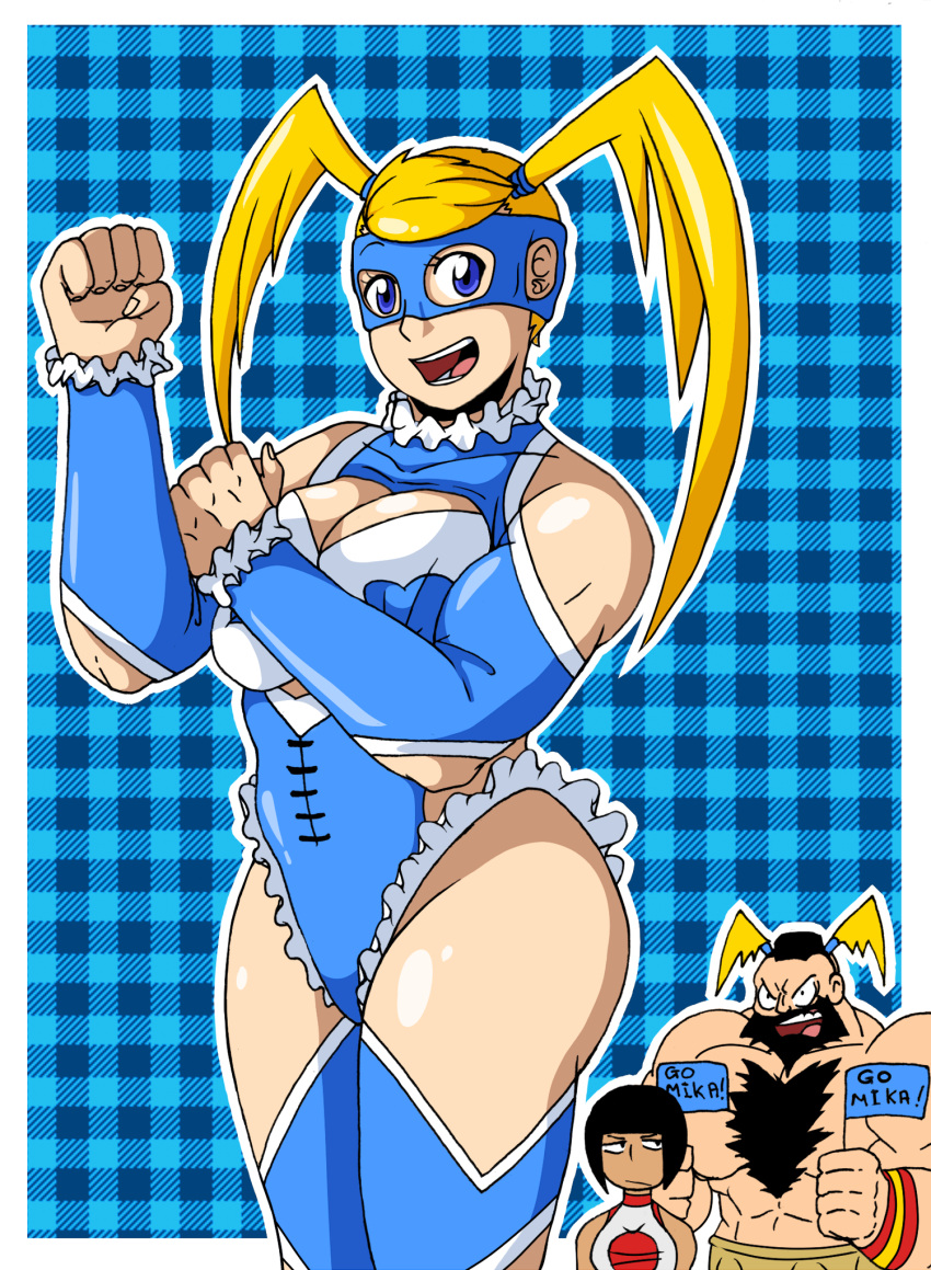 1boy 2girls beard black_hair blonde_hair blue_eyes breasts cheering chibi_inset cleavage facial_hair flag highres large_breasts leotard long_hair mohawk multiple_girls rainbow_mika shirtless short_hair solo_focus street_fighter street_fighter_v tagme twintails wrestling_outfit yamato_nadeshiko_(street_fighter) zangief