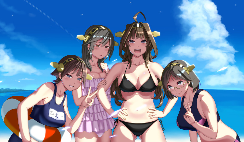 4girls :d ahoge bikini black_bikini black_hair breasts brown_eyes brown_hair cleavage collarbone glasses grey_eyes grin hands_on_hips haruna_(kantai_collection) headgear hiei_(kantai_collection) highres kantai_collection kirishima_(kantai_collection) kongou_(kantai_collection) long_hair looking_at_viewer misumi_(niku-kyu) multiple_girls navel one-piece_swimsuit open_mouth short_hair smile swimsuit v