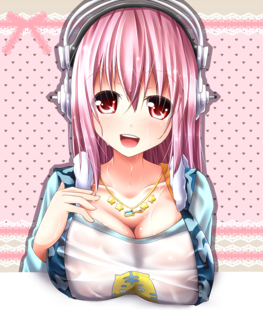 1girl blush breast_rest breasts cleavage evandragon fourth_wall headphones highres hoodie large_breasts long_hair looking_at_viewer nitroplus open_mouth pink_hair red_eyes see-through solo super_sonico wet wet_clothes