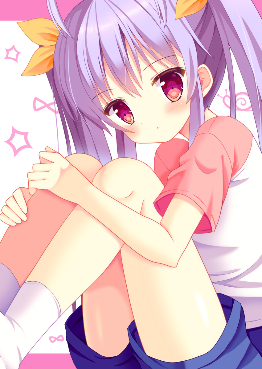 1girl blush hair_ribbon hazakura_satsuki highres leg_hug looking_at_viewer miyauchi_renge non_non_biyori purple_hair red_eyes ribbon shirt shorts sitting solo twintails