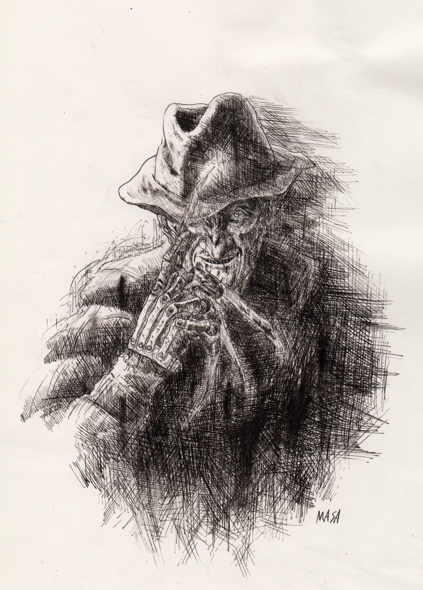 a_nightmare_on_elm_street absurdres artist_name claws freddy_krueger grin hat hat_tip highres looking_at_viewer masa_(neopo-litan) monochrome nib_pen_(medium) sketch smile solo traditional_media