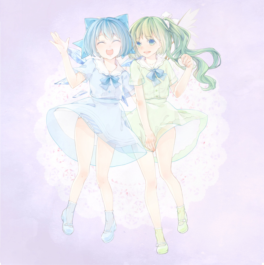 2girls alternate_costume ankle_socks blue_background blue_eyes blue_hair cirno closed_eyes daiyousei doily full_body gradient gradient_background green_hair hair_ribbon layered_dress looking_at_viewer mary_janes multiple_girls open_mouth panties parted_lips raised_hand ribbon see-through shoes short_hair short_sleeves side_ponytail simple_background skirt_hold standing striped striped_panties touhou tsukimiya_kamiko underwear wings