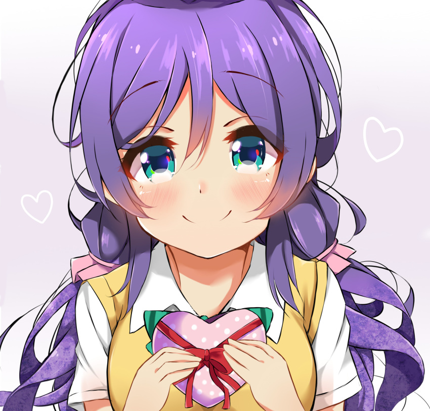 1girl blush dorisu2 green_eyes heart highres long_hair looking_at_viewer love_live!_school_idol_project purple_hair smile solo toujou_nozomi twintails