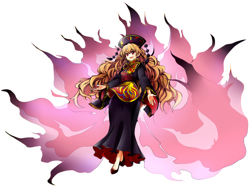 1girl absurdres baba_(baba_seimaijo) black_dress chinese_clothes dress hair_ornament highres junko_(touhou) long_hair long_sleeves open_mouth sash smile solo tabard touhou very_long_hair wide_sleeves