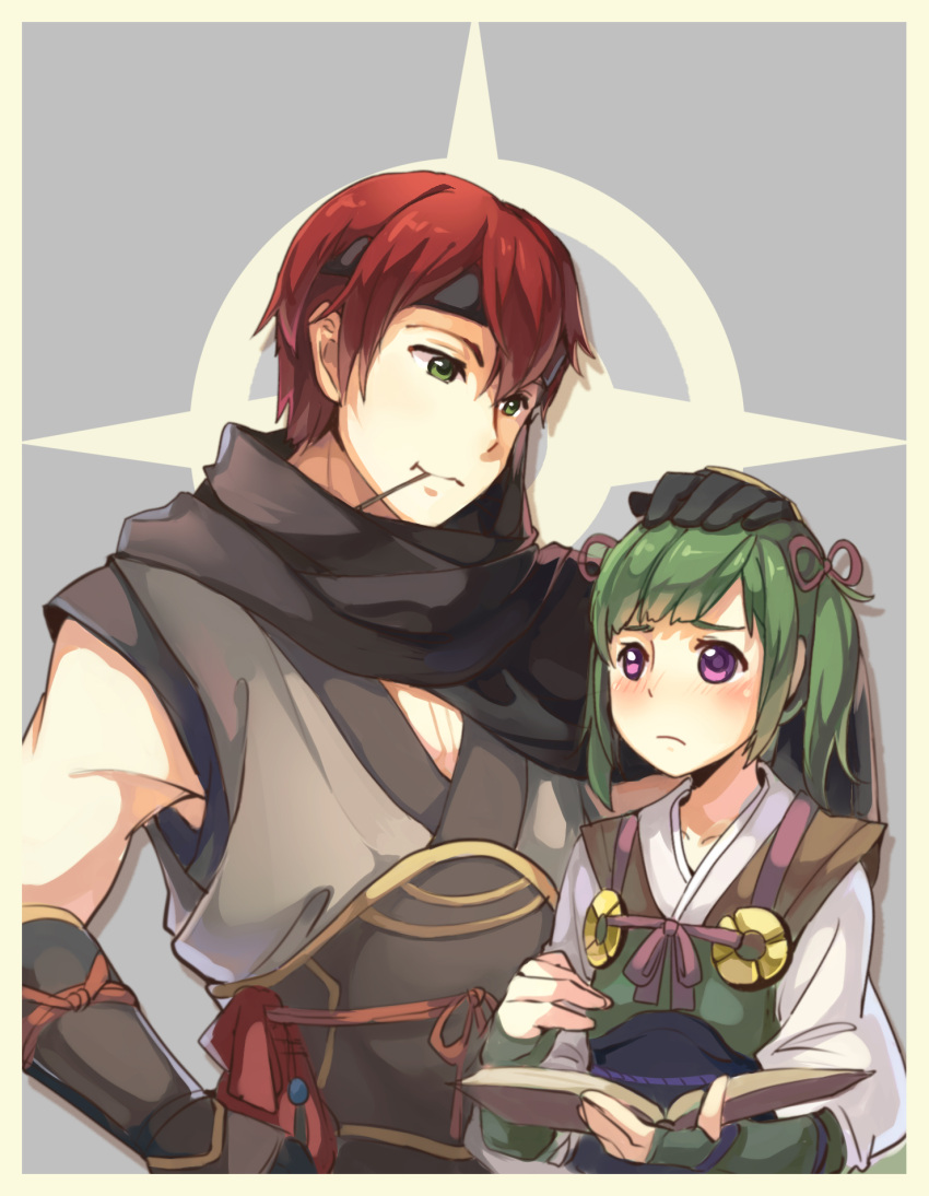 1boy 1girl book cousins fire_emblem fire_emblem_if gloves green_eyes green_hair gurei_(fire_emblem_if) highres midoriko_(fire_emblem_if) redhead scarf twintails violet_eyes