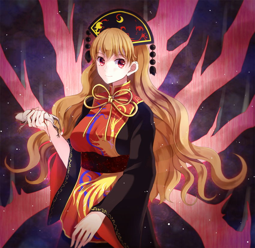 1girl black_dress blonde_hair blood chinese_clothes dress frog hat junko_(touhou) kaede_(mmkeyy) long_hair long_sleeves looking_at_viewer red_eyes smile solo tabard touhou wide_sleeves