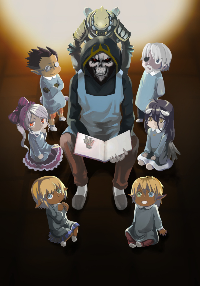 ainz_ooal_gown albedo aura_bella_fiora black_hair black_wings blonde_hair book chibi child cocytus_(overlord) demiurge demon_girl demon_horns demon_wings glasses heterochromia highres horns leveach looking_at_viewer mare_bello_fiore open_mouth overlord_(maruyama) sebas_tian shalltear_bloodfallen silver_hair simple_background smile wings