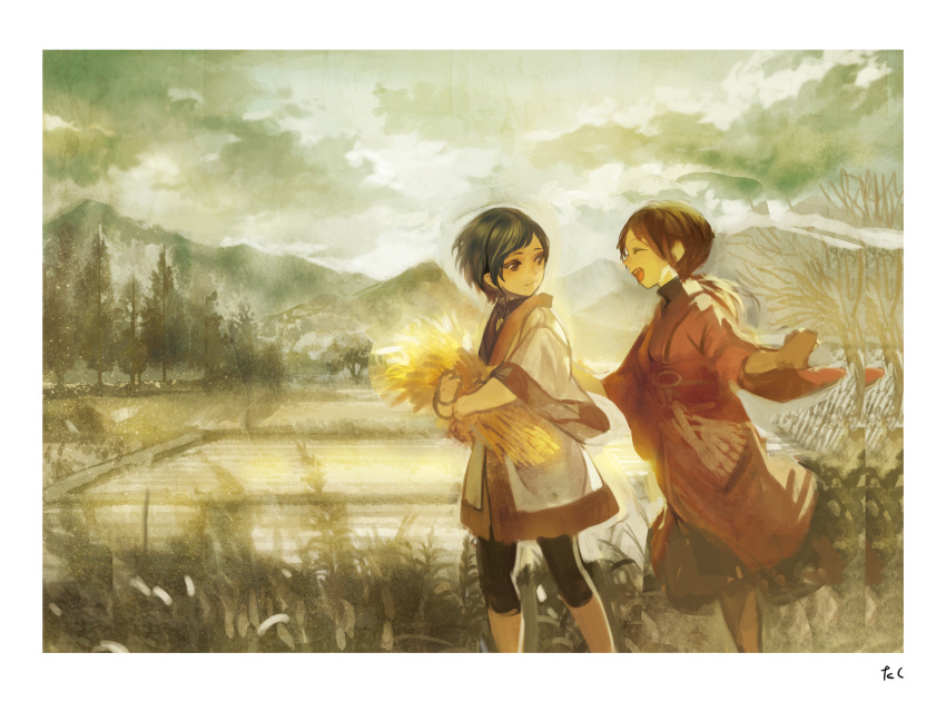 1boy 1girl black_hair border brown_hair closed_eyes clouds colored_pencil_(medium) highres looking_back mixed_media mountain muted_color open_mouth original photoshop ponytail rice_paddy running scenery signature sky smile taku_(fishdrive) traditional_media tree wheat white_border
