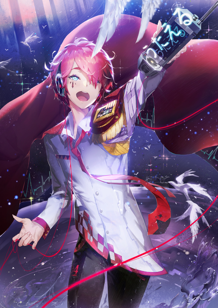 1boy bird blue_eyes cape cowboy_shot dove epaulettes facial_mark fukase hair_over_one_eye headphones highres hong marking_on_cheek messy_hair necktie open_mouth red_string string vocaloid walkie-talkie wire