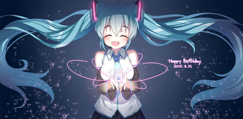 1girl 2015 aqua_hair closed_eyes dated detached_sleeves floating_hair gendo0033 happy_birthday hatsune_miku headset highres long_hair necktie open_mouth solo twintails very_long_hair vocaloid