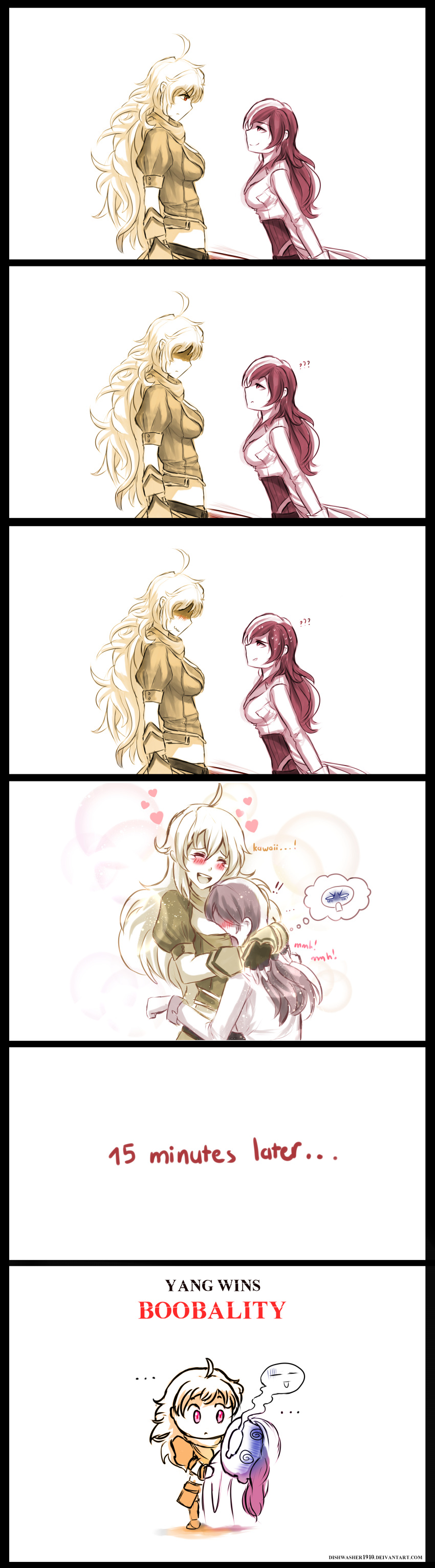 2girls absurdres blonde_hair breasts brown_hair dishwasher1910 english gauntlets gloves head_in_chest heterochromia highres large_breasts long_hair multicolored_hair multiple_girls neo_(rwby) pink_eyes pink_hair rwby speech_bubble sweat two-tone_hair violet_eyes yang_xiao_long