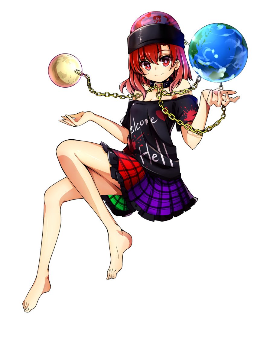 1girl absurdres baba_(baba_seimaijo) bare_shoulders barefoot chain collar earth hat hecatia_lapislazuli highres looking_at_viewer moon off_shoulder red_eyes redhead shirt skirt smile solo touhou