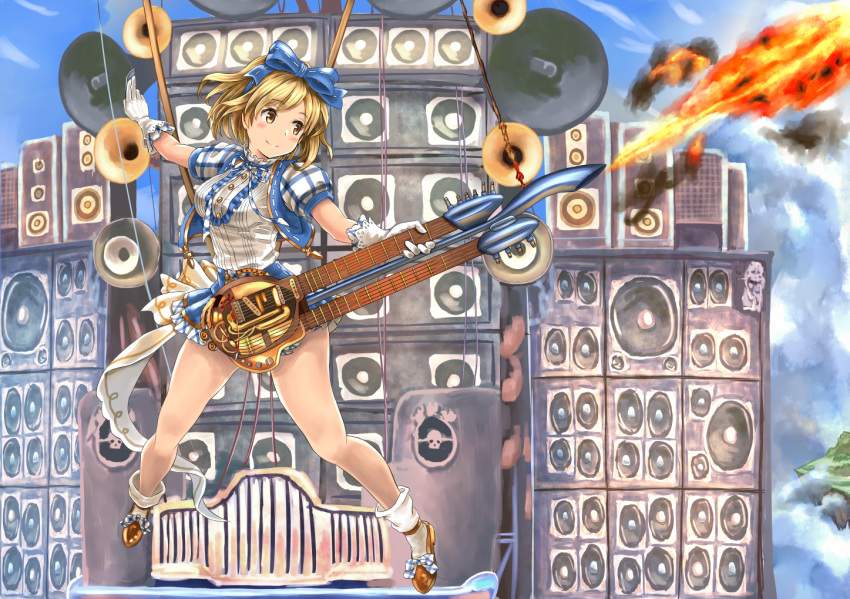 1girl adapted_object blonde_hair blush clouds commentary_request cropped_jacket double_neck_guitar electric_guitar flamethrower floating_island frilled_skirt frills full_body gita_(granblue_fantasy) granblue_fantasy guitar hair_ribbon headband instrument jumping legs loudspeaker mad_max:_fury_road miniskirt outstretched_arm parody plectrum ribbon shoes short_hair short_sleeves skirt skull sky smile socks solo weapon white_legwear yellow_eyes