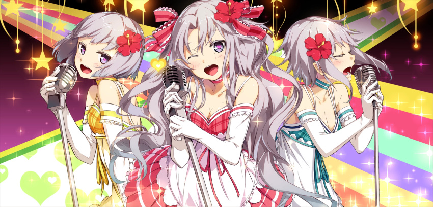 3girls :d ;d breasts cleavage closed_eyes elbow_gloves g_yuusuke game_cg gloves heart heart-shaped_pupils highres long_hair microphone microphone_stand multicolored_stripes multiple_girls one_eye_closed open_mouth plaid short_hair silver_hair singing small_breasts smile soushuu_senshinkan_gakuen_bansenjin soushuu_senshinkan_gakuen_hachimyoujin sparkle star striped symbol-shaped_pupils very_long_hair violet_eyes wavy_hair white_gloves