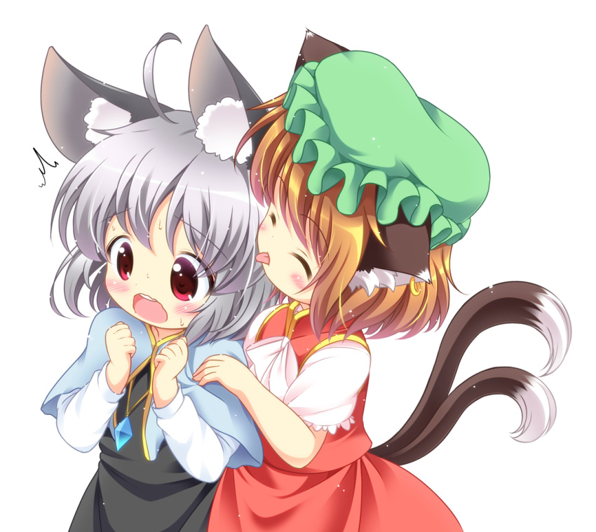 /\/\/\ 2girls ^_^ animal_ears blush brown_hair cat_ears cat_tail chen closed_eyes green_hat grey_hair hat jewelry long_sleeves mob_cap mouse_ears multiple_girls nazrin nekomata open_mouth pendant pila-pela short_hair short_sleeves simple_background single_earring sweat tail tongue tongue_out touhou wavy_mouth white_background