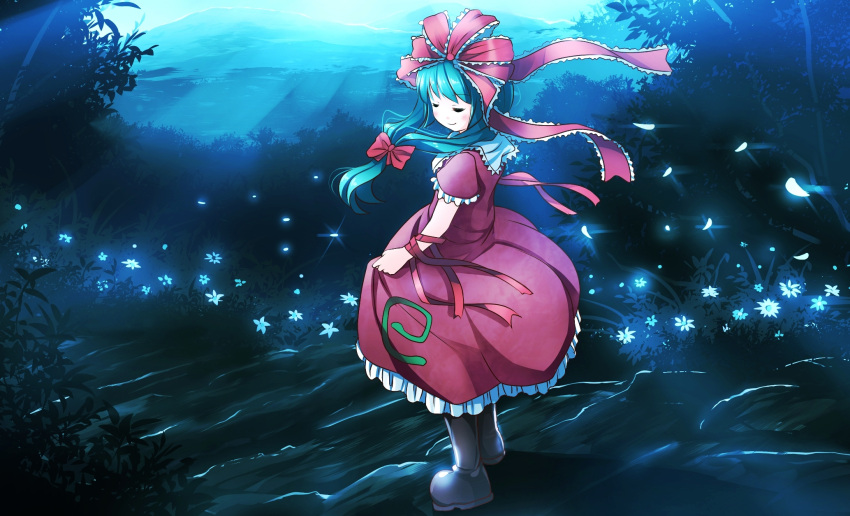 1girl arm_ribbon bow closed_eyes dress flower front_ponytail green_hair hair_bow highres kagiyama_hina puffy_short_sleeves puffy_sleeves red_dress ribbon risutaru short_sleeves smile solo touhou