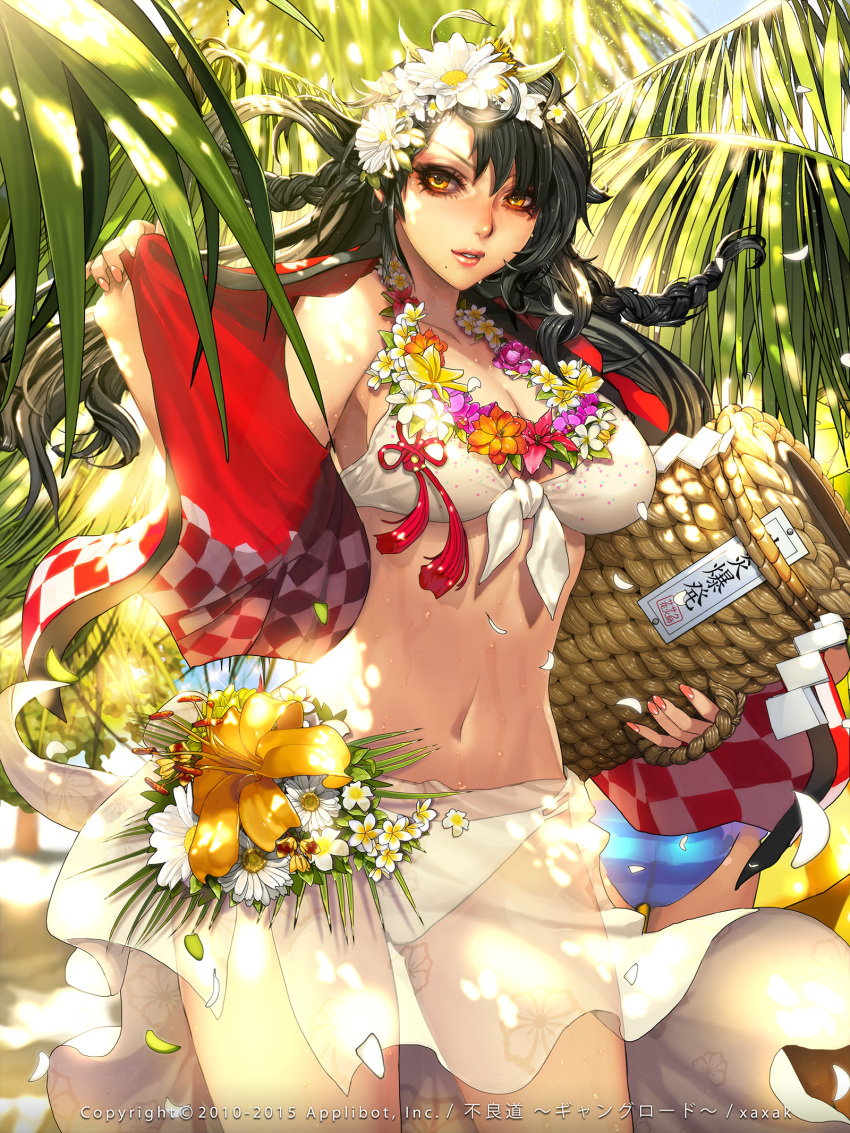 1girl bikini black_hair breasts cleavage flower flower_necklace furyou_michi_~gang_road~ hair_flower hair_ornament highres jewelry long_hair nail_polish necklace parted_lips red_nails smile solo swimsuit towel wet white_bikini white_swimsuit xaxak yellow_eyes