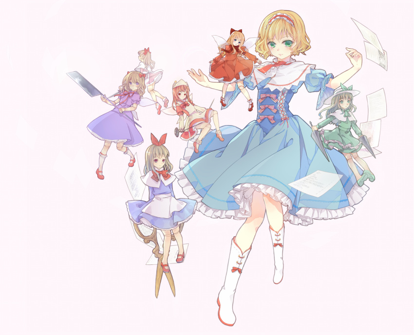 1girl alice_margatroid blonde_hair blue_dress boots capelet dress dutch_doll glaive green_eyes hairband hat hourai_doll lance lolita_hairband looking_at_viewer polearm puffy_short_sleeves puffy_sleeves scissors shanghai_doll short_hair short_sleeves simple_background solo touhou tsukimiya_kamiko weapon white_background wings