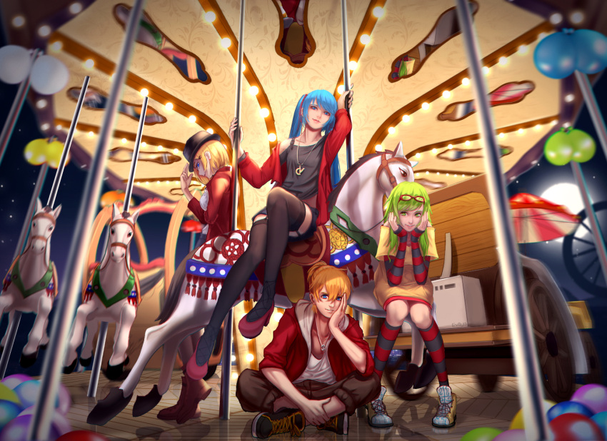 1boy 3girls balloon bangs blonde_hair blue_eyes blue_hair glasses_on_head green_eyes green_hair gumi hat hatsune_miku kagamine_len kagamine_rin long_hair looking_at_viewer moon multiple_girls night shoes short_hair striped striped_legwear swept_bangs thigh-highs vocaloid wei_ji