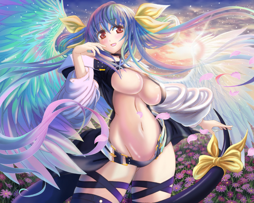 angel_wings asymmetrical_wings bare_shoulders blue_hair blush breasts choker dizzy flower guilty_gear hair_ribbon long_hair open_mouth red_eyes ribbon smile tail tail_ribbon thigh-highs under_boob very_long_hair wings