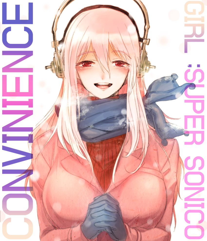 1girl blue_scarf blush breasts gloves headphones highres hoodie interlocked_fingers large_breasts long_hair looking_at_viewer nitroplus open_mouth pink_hair red_eyes ribbed_sweater scarf solo super_sonico sweater takigi