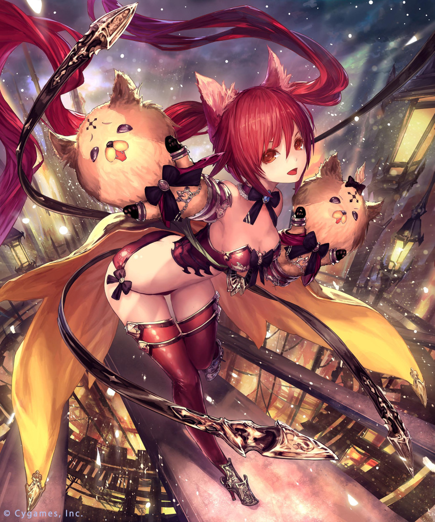 :d absurdres animal_ears armor bikini boots breasts brown_eyes butt_crack cerberus_(shingeki_no_bahamut) cleavage detached_collar gauntlets gloves hair_between_eyes hand_puppet high_heel_boots high_heels highres leaning_forward long_hair open_mouth outdoors outstretched_arm paw_gloves puppet red_legwear redhead shingeki_no_bahamut side-tie_bikini smile snowing standing_on_one_leg swimsuit tachikawa_mushimaro thigh-highs thigh_boots twintails very_long_hair