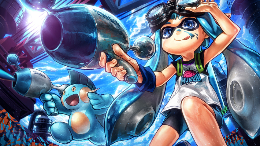 1girl bike_shorts blue_eyes blue_hair commentary_request domino_mask goggles goggles_on_head inkling lain licking_lips mask shirt smile splatoon tentacle_hair tongue tongue_out