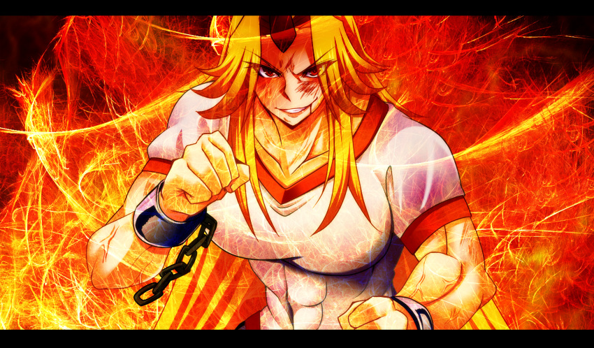 1girl abs blonde_hair breasts bruise clenched_hands cuffs fighting_stance fire grin highres horn hoshiguma_yuugi injury large_breasts long_hair red_eyes shackles smile solo t-shirt touhou yagami_(mukage)