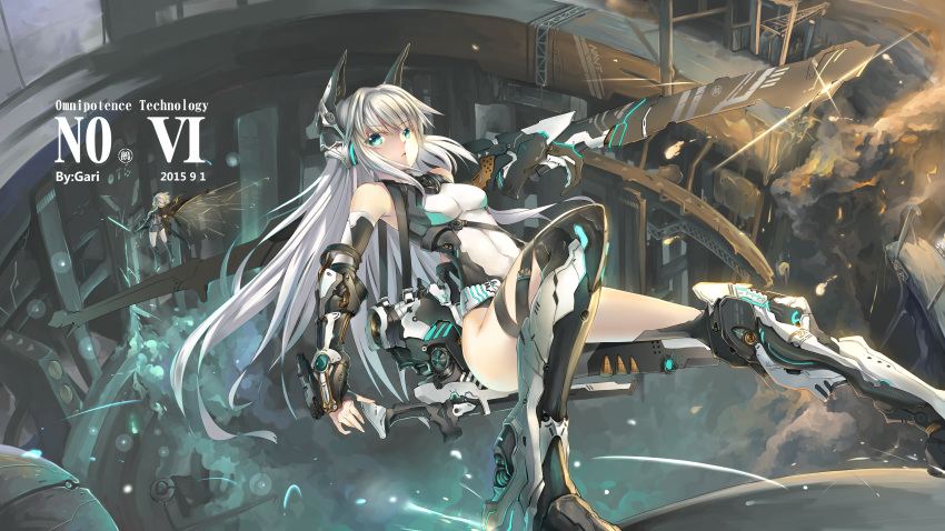 2girls absurdres animal_ears aqua_eyes armor armpits ass bare_shoulders beam_rifle boots covered_navel dated elbow_gloves energy_gun explosion eyebrows eyebrows_visible_through_hair fake_animal_ears fingerless_gloves floating gloves hair_ornament highres huali leg_armor leotard long_hair looking_away mecha_musume mechanical_wings multiple_girls neon_trim open_mouth original short_hair skin_tight sword thigh_strap vambraces weapon white_hair wings