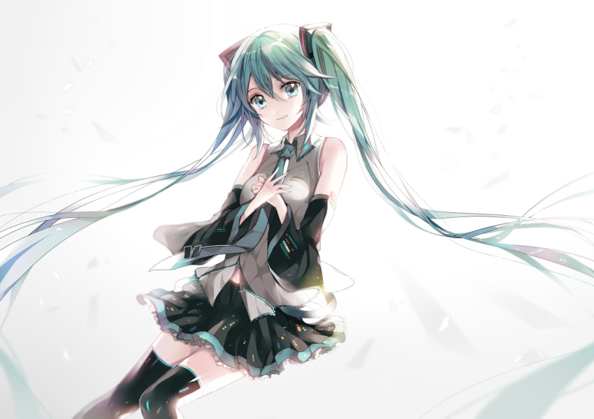 1girl detached_sleeves green_eyes green_hair hatsune_miku long_hair looking_at_viewer n_n_(vbdpsep) necktie skirt solo thigh-highs twintails very_long_hair vocaloid