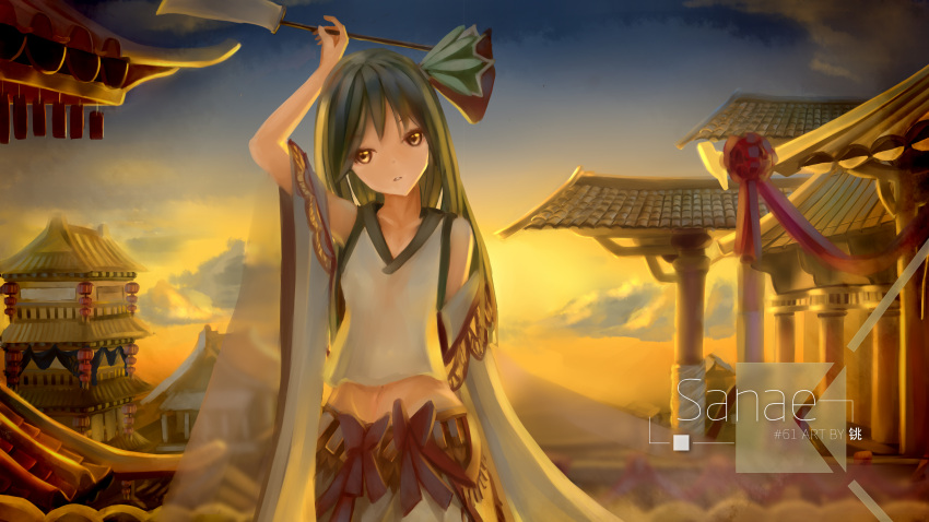 1girl absurdres architecture arm_up bow breasts brown_eyes character_name clouds collarbone column cowboy_shot detached_sleeves diao_(13144117277) east_asian_architecture embellished_costume gohei green_eyes green_hair hair_bow highres holding kochiya_sanae long_hair long_sleeves looking_at_viewer midriff navel oonusa outdoors parted_lips pillar see-through small_breasts solo touhou twilight watermark