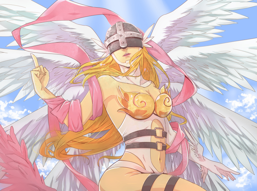 absurdres angewomon digimon feathers helmet highres index_finger_raised navel sky smile wings