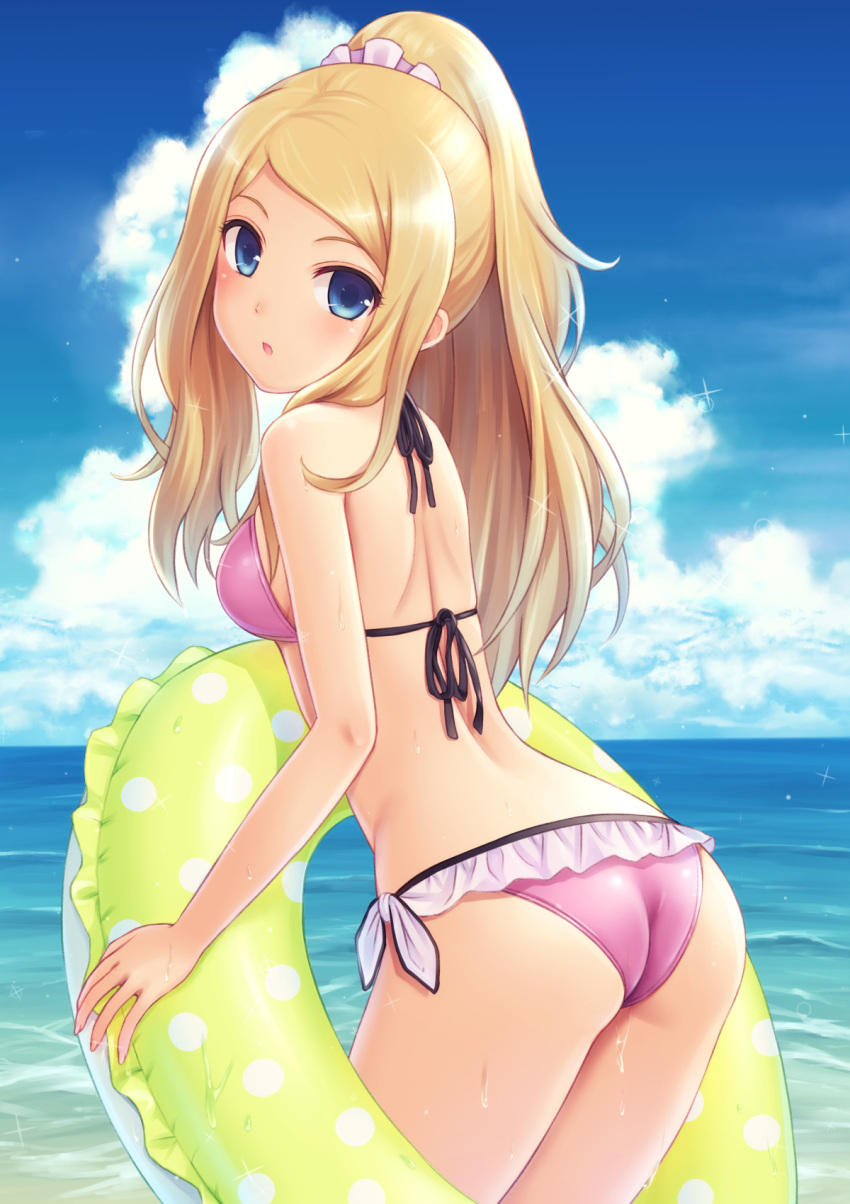 1girl ass bikini blonde_hair blue_eyes blush breasts clouds cloudy_sky highres innertube long_hair looking_at_viewer n.g. open_mouth outdoors pink_bikini pink_scrunchie pokemon pokemon_(game) pokemon_xy ponytail revision scrunchie serena_(pokemon) sidelocks sky solo sparkle string_bikini swimsuit water wet