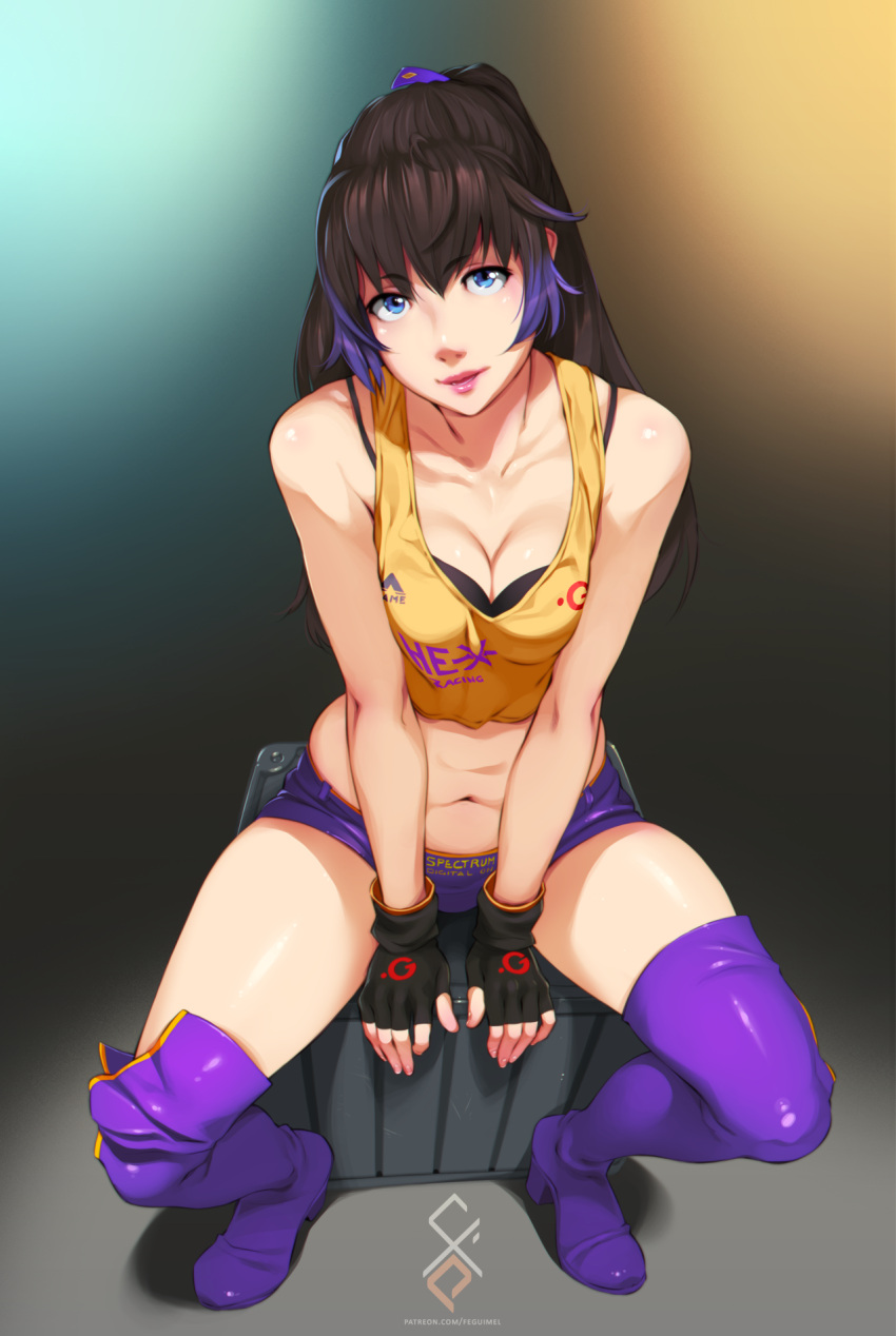 1girl bare_shoulders blue_eyes boots brown_hair feguimel fingerless_gloves gloves gradient_hair highres legs long_hair looking_at_viewer multicolored_hair navel original ponytail purple_hair shorts sitting solo thigh-highs thigh_boots