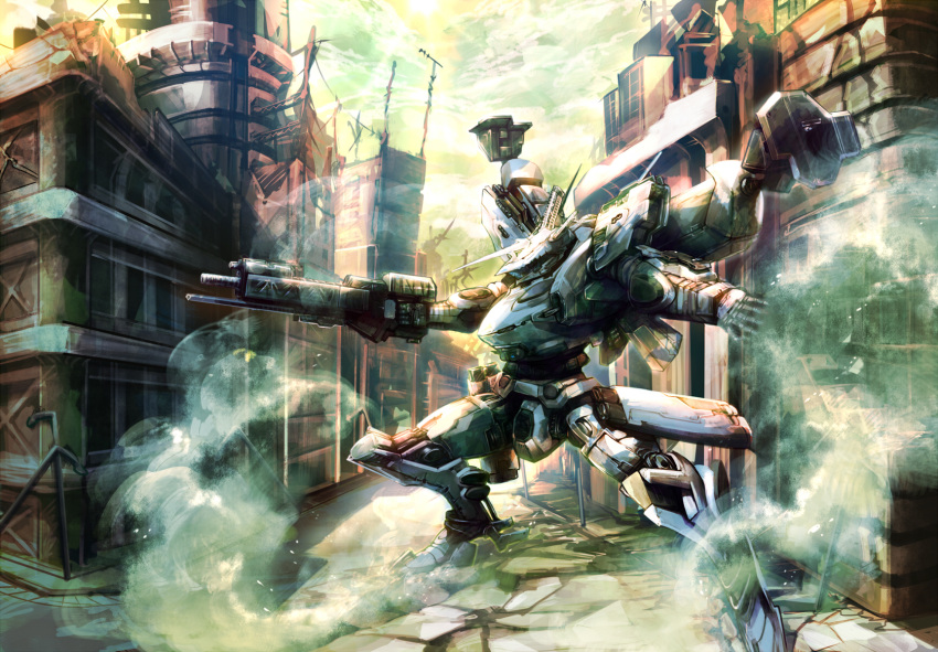 armored_core armored_core:_for_answer clouds cloudy_sky fog gun highres masayoshi mecha no_humans sky sunlight town weapon white_glint