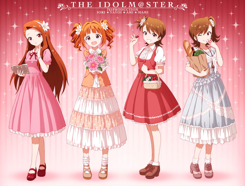4girls basket blue_eyes book bouquet bracelet broccoli brown_hair fashion finger_to_cheek flower food fruit futami_ami futami_mami grin hair_flower hair_ornament hairband highres idolmaster jewelry key_necklace loaf_of_bread looking_at_viewer minase_iori multiple_girls one_eye_closed open_mouth orange_hair outsider_0 red_eyes revision ribbon siblings side_ponytail sisters smile sparkle strawberry takatsuki_yayoi twins twintails wine_bottle