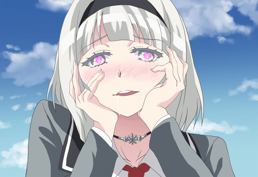 1girl anna_nishikinomiya blush drooling grey_eyes hairband hands_on_own_face heart heart-shaped_pupils school_uniform shimoneta_to_iu_gainen_ga_sonzai_shinai_taikutsu_na_sekai silver_hair symbol-shaped_pupils yandere yandere_trance