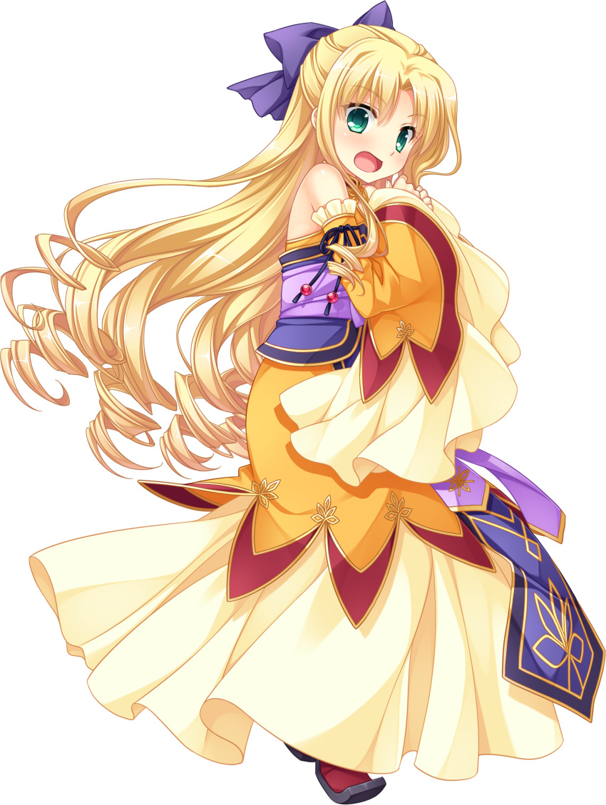 1girl blonde_hair bow covering covering_breasts curly_hair detached_sleeves dress enjutsu from_side green_eyes highres koihime_musou long_hair official_art open_mouth ribbon saeki_hokuto shoes solo transparent_background very_long_hair