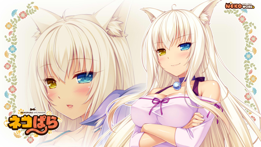 1girl animal_ears bare_shoulders bell bell_choker blue_eyes blush breast_hold breasts cat_ears cat_tail choker coconut_(sayori) copyright_name crossed_arms floral_background heterochromia highres jingle_bell large_breasts long_hair looking_at_viewer nekopara open_mouth sayori slit_pupils smile solo tail very_long_hair wallpaper white_hair yellow_eyes zoom_layer