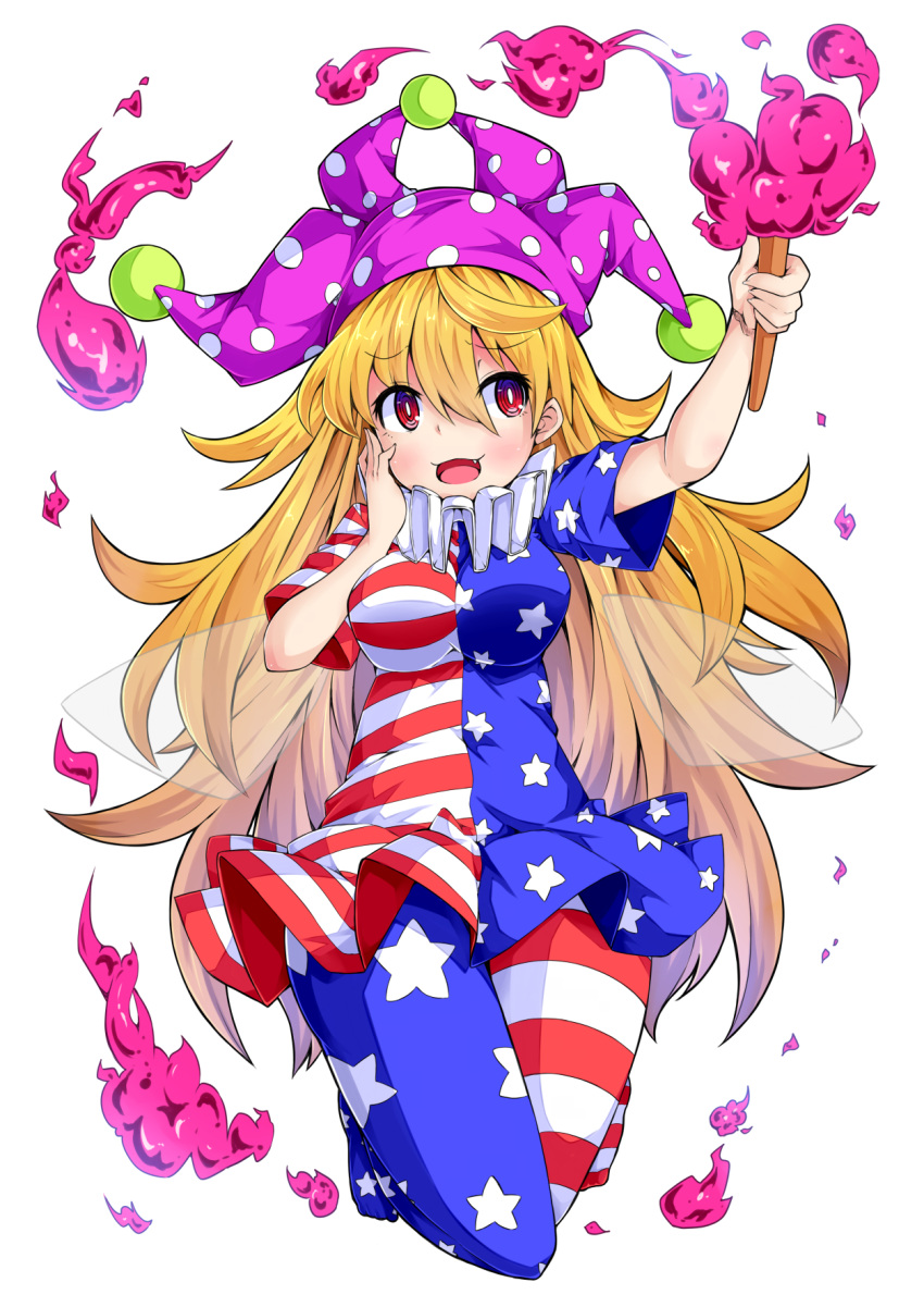 1girl american_flag american_flag_legwear american_flag_shirt blonde_hair blush breasts clownpiece fairy_wings hand_on_own_cheek hat highres ishimu jester_cap large_breasts long_hair looking_at_viewer open_mouth pantyhose polka_dot print_dress red_eyes short_hair short_sleeves simple_background smile solo star striped torch touhou very_long_hair white_background wings