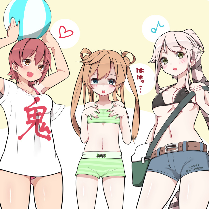 3girls :o abukuma_(kantai_collection) alternate_costume arms_up ball bangs bare_shoulders beachball belt bikini bikini_top black_bikini_top blonde_hair blue_eyes blush breast_conscious breast_envy breasts double_bun fang flat_chest green_eyes green_ribbon hair_between_eyes hair_flaps hair_ornament hair_rings hands_on_own_chest heart highres holding holding_ball kantai_collection kinu_(kantai_collection) large_breasts long_hair looking_at_viewer looking_down looking_up mitsudoue multiple_girls musical_note navel open_mouth pink_hair ponytail redhead ribbon sad short_hair short_sleeves shorts side_ponytail simple_background small_breasts swimsuit tan tanline tears thighs translation_request twintails twitter_username very_long_hair yura_(kantai_collection)