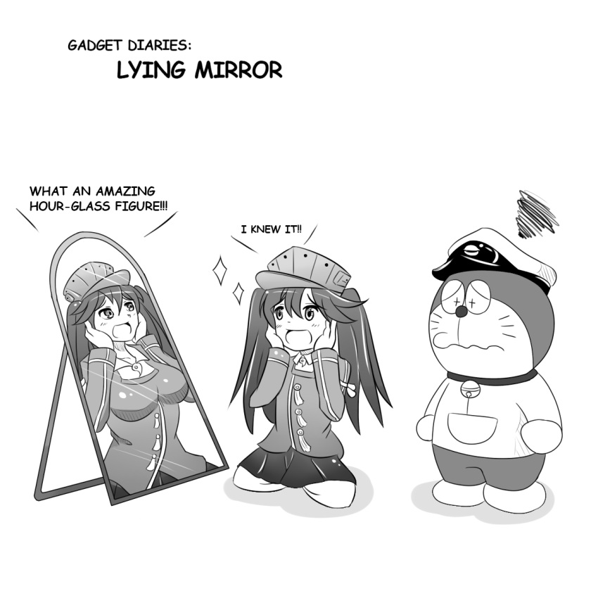 1girl :d admiral_(kantai_collection) alternate_breast_size bell bell_collar breasts collar commentary crossover different_reflection doraemon doraemon_(character) english hat highres kantai_collection magatama mirror mirror_image monochrome open_mouth peaked_cap reflection revision ryuujou_(kantai_collection) sitting smile sparkle twintails visor_cap wangphing wariza