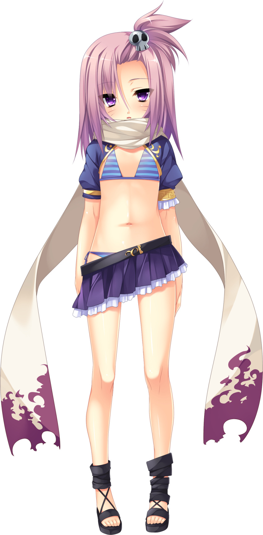 1girl artist_request belt bikini blush character_request flat_chest hair_ornament highres koihime_musou long_hair long_image navel official_art purple_hair sandals scarf side-tie_bikini side_ponytail skirt solo standing swimsuit tall_image transparent_background violet_eyes