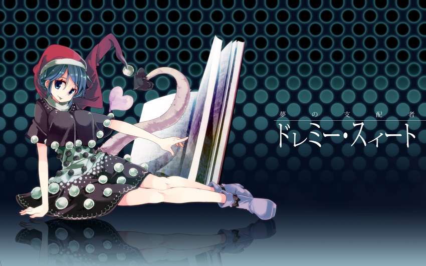 1girl black_dress blue_eyes blue_hair book demon_tail doremy_sweet dress hat highres looking_at_viewer multicolored_dress nightcap open_book reflective_floor sitting smile solo tail tongue tongue_out touhou white_dress yoshinaga_p