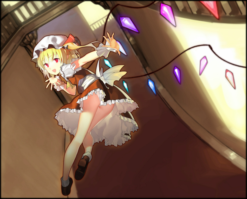 1girl absurdres ascot blonde_hair border crystal flandre_scarlet full_body gukuli hat hat_ribbon highres looking_at_viewer looking_back mob_cap open_mouth outstretched_arm panties pantyshot puffy_sleeves red_eyes ribbon sash shirt shoes short_hair short_sleeves side_ponytail skirt skirt_set smile socks solo touhou underwear vest white_legwear white_panties wings wrist_cuffs