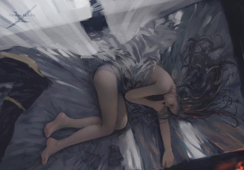 1girl bare_legs barefoot blanket closed_eyes finger_in_mouth full_body highres on_bed original panties pointy_ears sleeping solo topless underwear wlop
